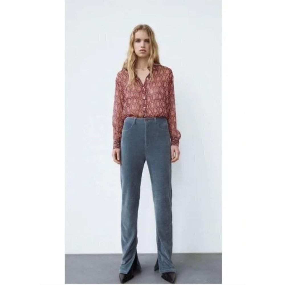 NEW Zara Vintage Style Retro Blue Corduroy Slim Flare Pants Size 2/34
